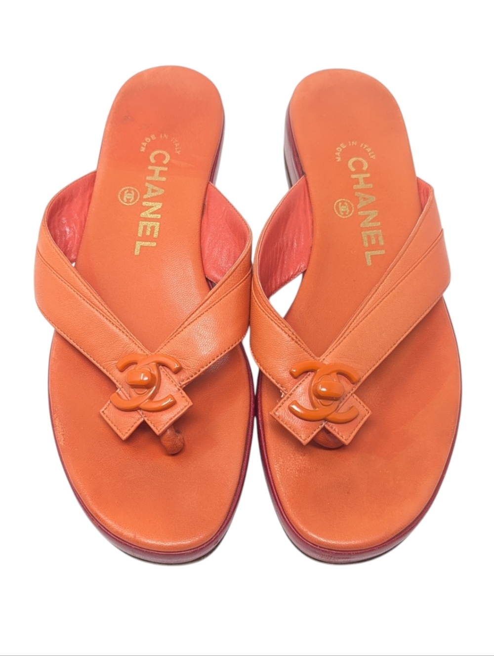 Chanel Orange Leather Turnlock CC Thong Wedge Sandals Platform Size EU 38.5
